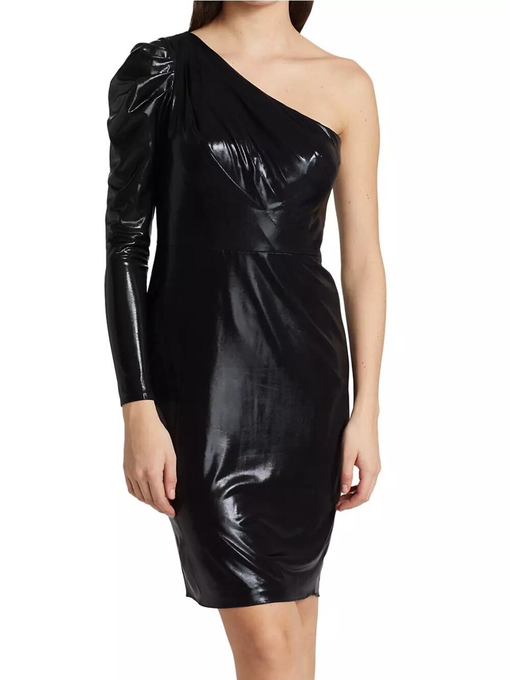 Marchesa Notte Faux Leather One Shoulder Shirred Bodycon Cocktail Dress 2